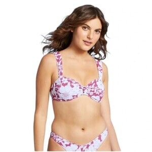 Xhilaration Berry Pink Ribbed Knot-Front Bikini  (Top Only) Sz S